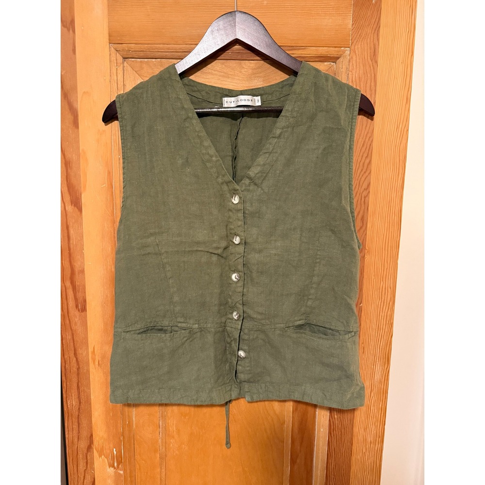 Cut Loose Womens Olive Green 100% Linen Button Front Cinch Back Vest Size M USA
